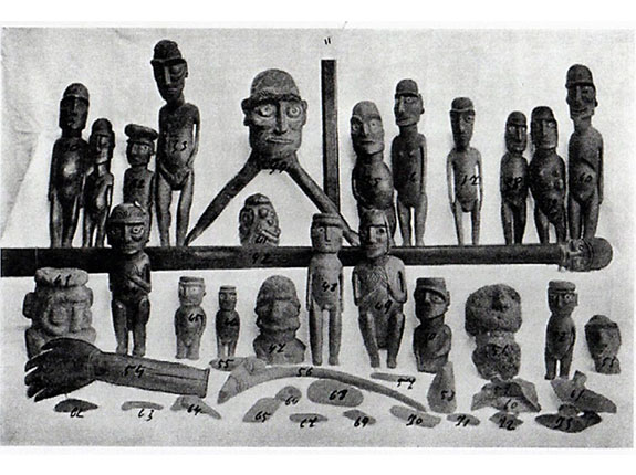 Article Image: Some pieces collected by Walter Knoche in 1911. Knoche led the Meteorological mission organized by the Chilean government and the Universidad de Conception in 1911. In addition to registering information about the climate (winds, rainfall, environmental humidity), he also collected important ethnographic information and objects. Photograph published in Macmillan Brown (1924), The Riddle of the Pacific.