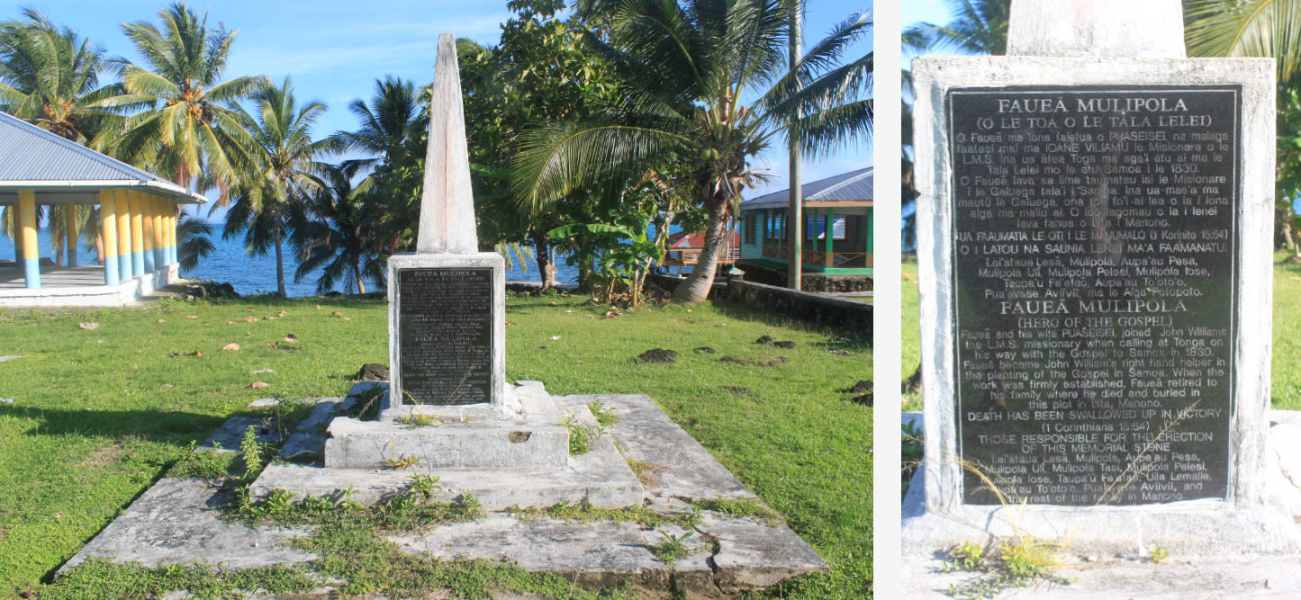 Image on the left: Palm trees in the middle and pavilions on each side conceal the view to the sea, which peaks out behind the palm trees. In the foreground a stone monument in the shape of an oblong cone on a rectangular base is surrounded by a green lawn area. The image on the right hand side shows a close up of the rectangular part of the monument which features a black plate with a long inscription.