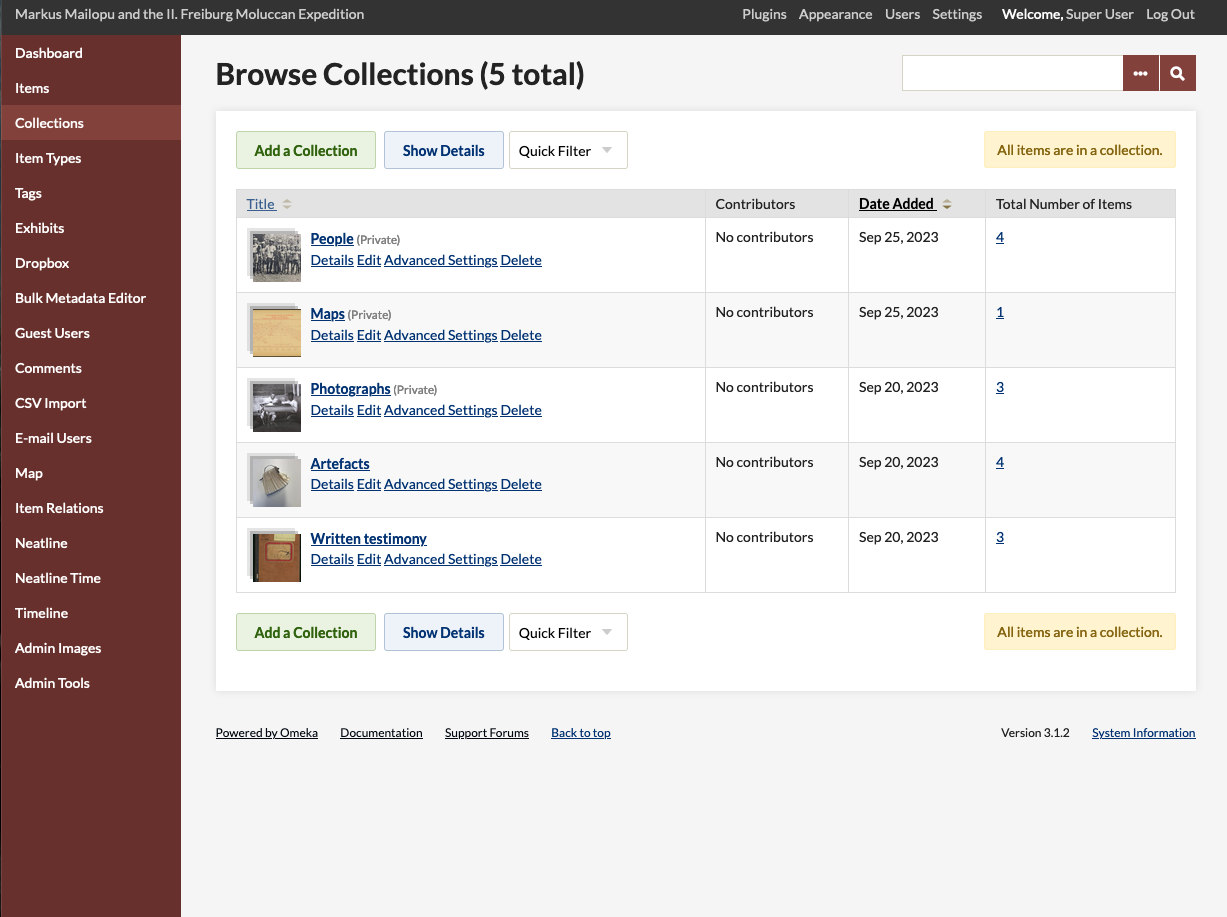 Article Image: This screenshot shows the object-based digital archive that has been created with the open-source platform OMEKA. The user surface enables the collaborative curation of the archive’s structure and content; the visitor surface allows to view the collections and interact with the content. Photo: L. Marten.