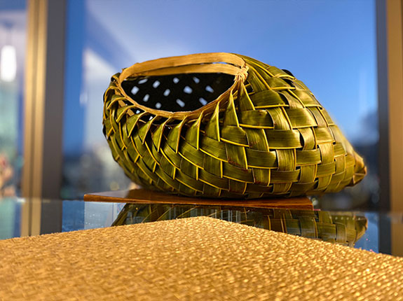 Article Image: A coconut frond basket woven by Vilsoni Hereniko in 2020. Photo: Vilsoni Hereniko.