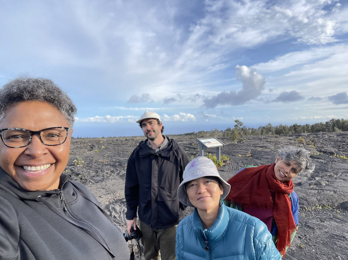 Article Image: Research visit to Volcanoes National Park, Hawai'i 2023. From left to right: Leah Lui-Chivizhe, Jordan Wison, Noelle M.K.Y. Kahanu and Taloi Havini. Photo: private.
